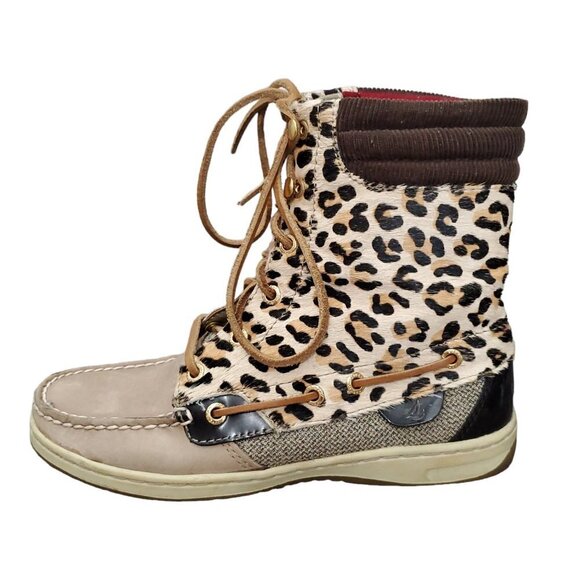 SPERRY TOP-SIDER Beige Leopard Print leather High Top Lace Hikerfish Boots - Picture 1 of 13